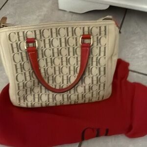 Carolina Herrera Beige and Red Logo Shoulder Bag